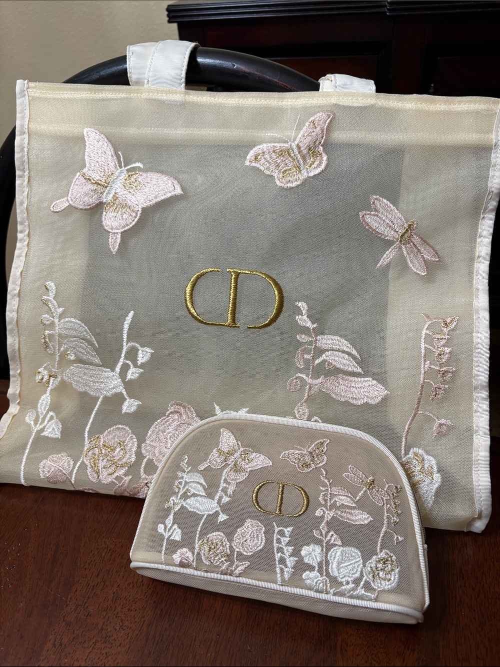 Dior Beige Tote and Pouch with Pink and Cream Embroidery